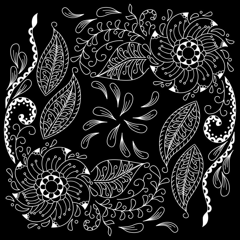 矢量黑白花和叶装饰抽象图案