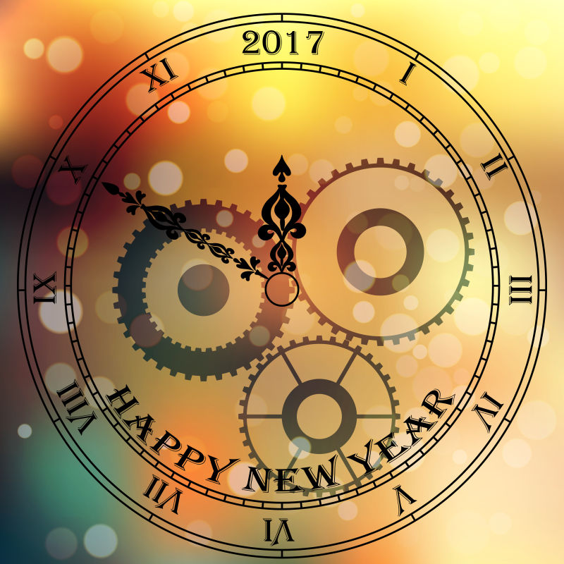 创意矢量复古时钟元素的新年背景