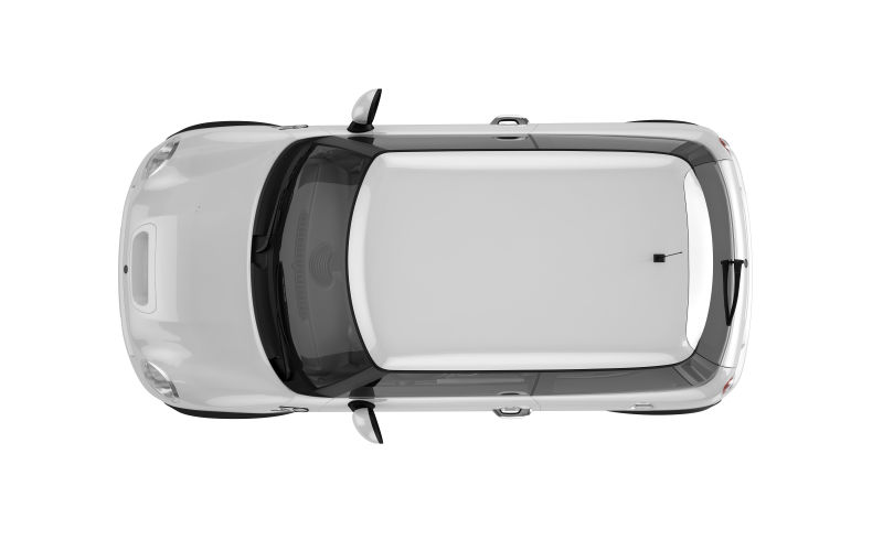 白色背景上的黑色微型运动汽车顶视图