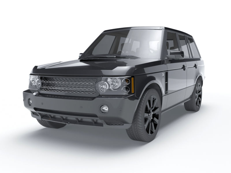 白色背景下的黑色越野车模型3D前视图