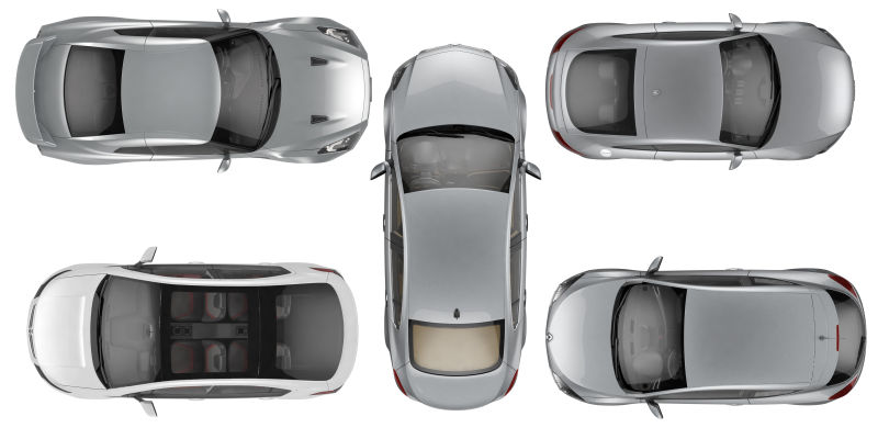 白色背景上的不同汽车顶视图