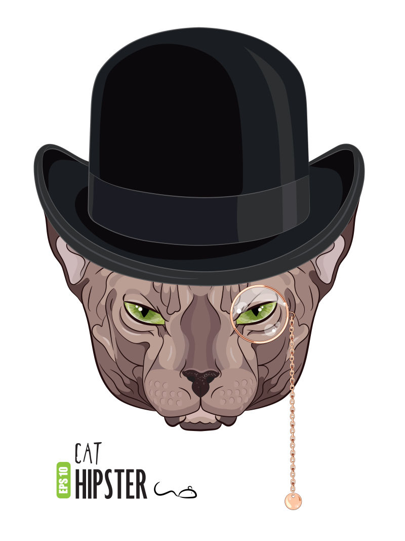 创意矢量卡通戴礼帽的猫咪平面插图