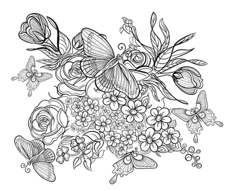 矢量手绘蝴蝶和花黑白图案