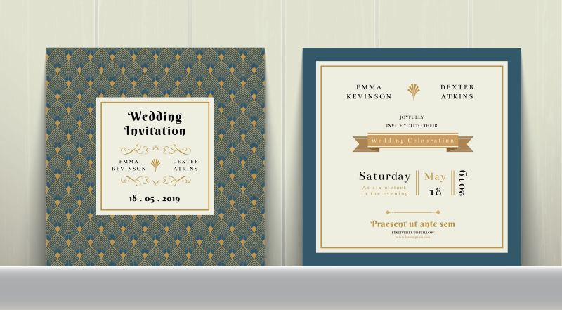 创意矢量金色线描风格的婚礼请帖设计