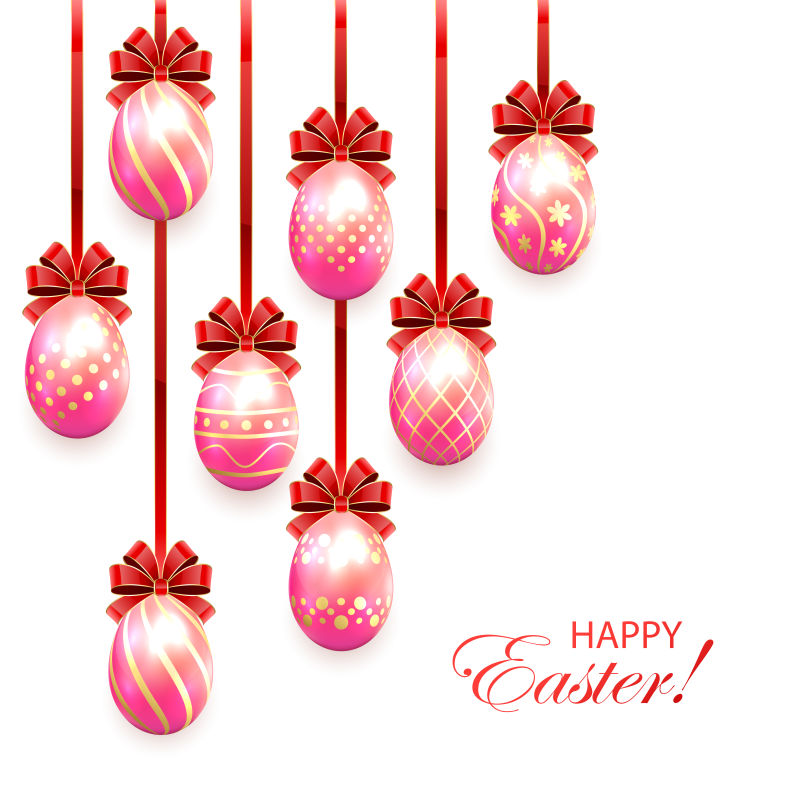 矢量粉色复活节彩蛋与装饰图案和红色蝴蝶结