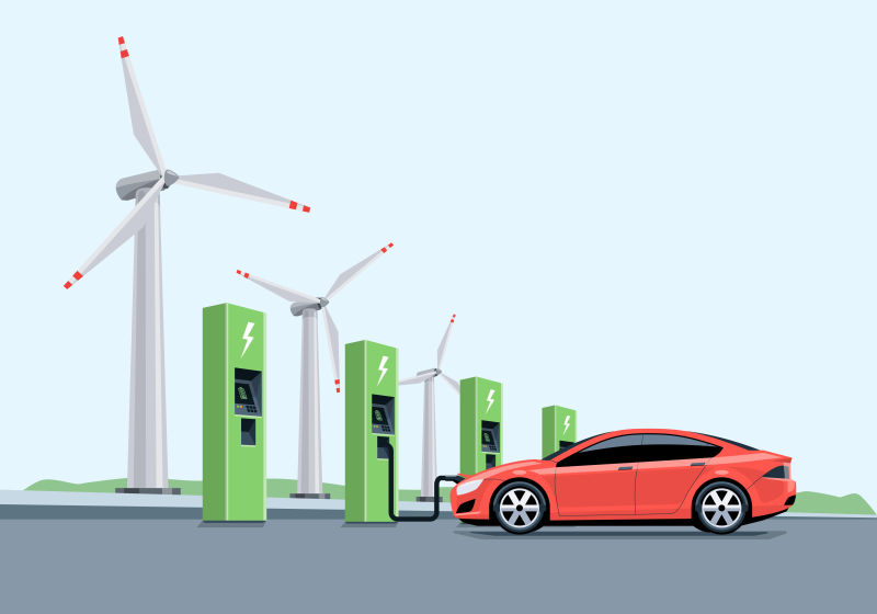 矢量创意矢量绿色能源电动汽车插图