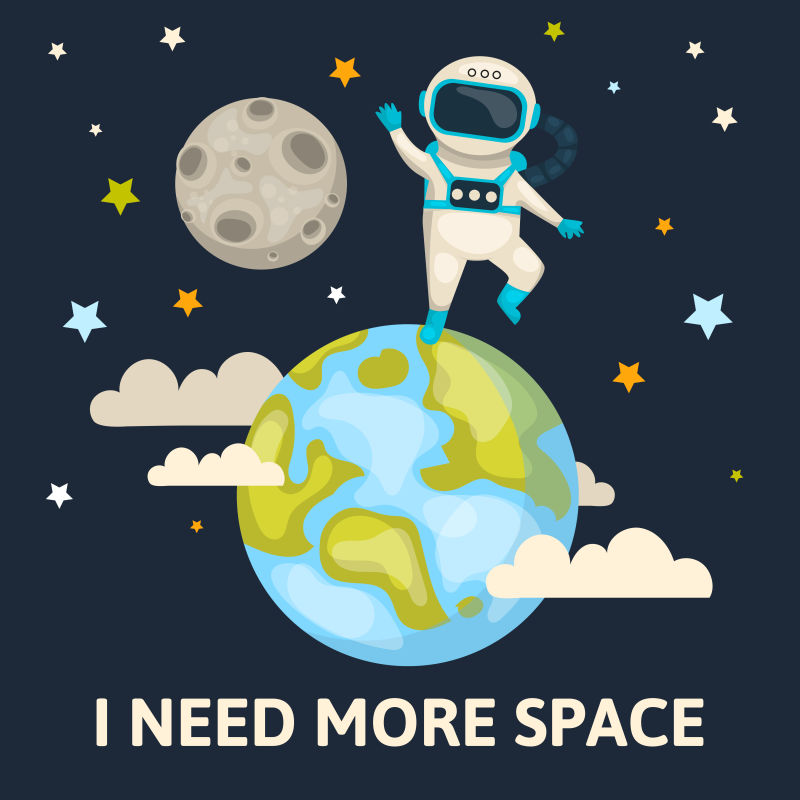 太空彩色海报宇航员挥舞着站在地球背后的月亮和星空矢量