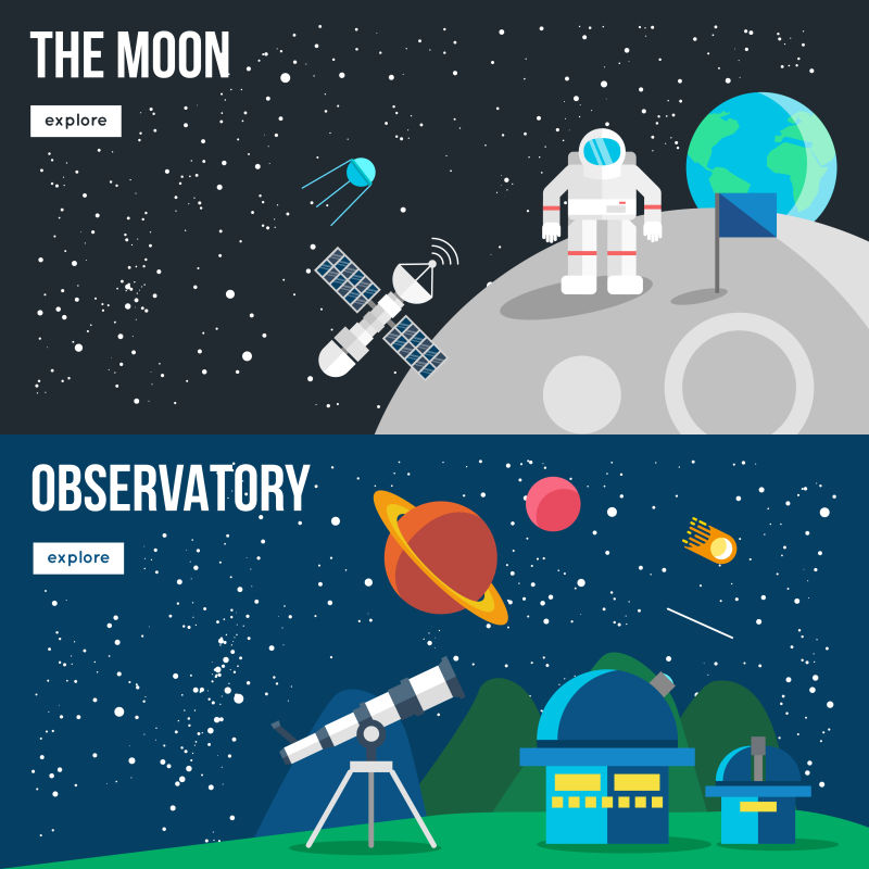 月球和天文台主题的白色按钮矢量