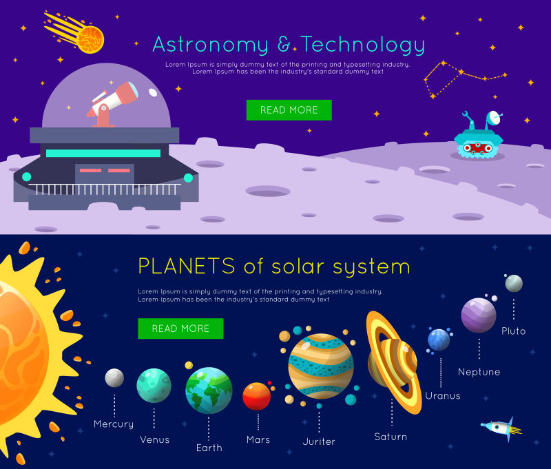 两个空间宇宙横幅与天文和技术的描述或太阳系行星矢量