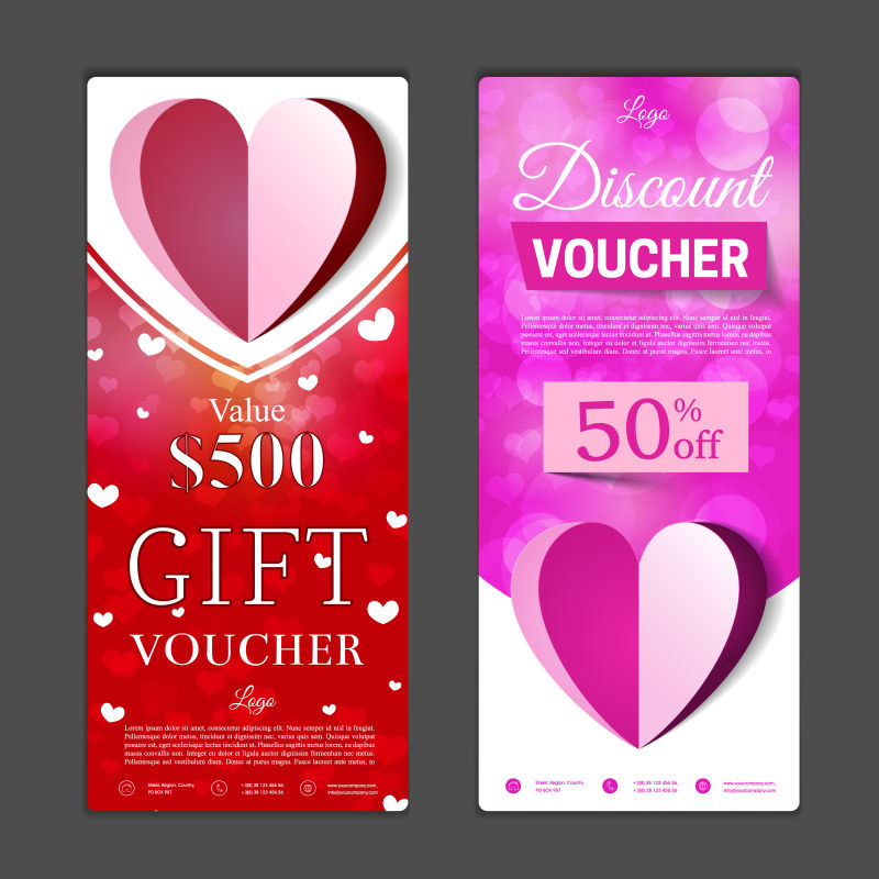 红色和粉色带有心形图案的情人节礼品券样板矢量设计