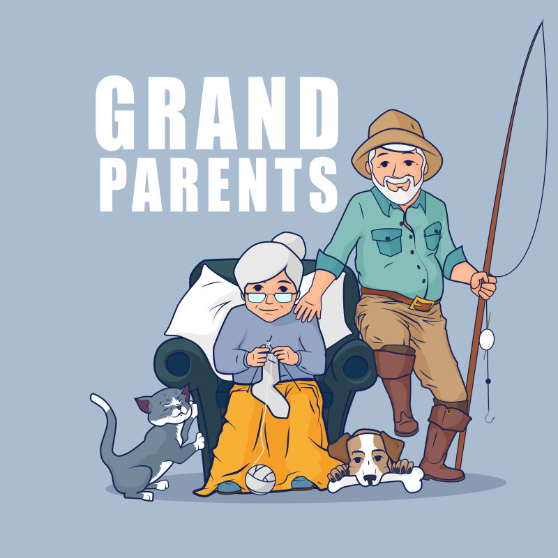 奶奶坐在扶手椅上编织袜子和拿着鱼竿的爷爷插图矢量设计