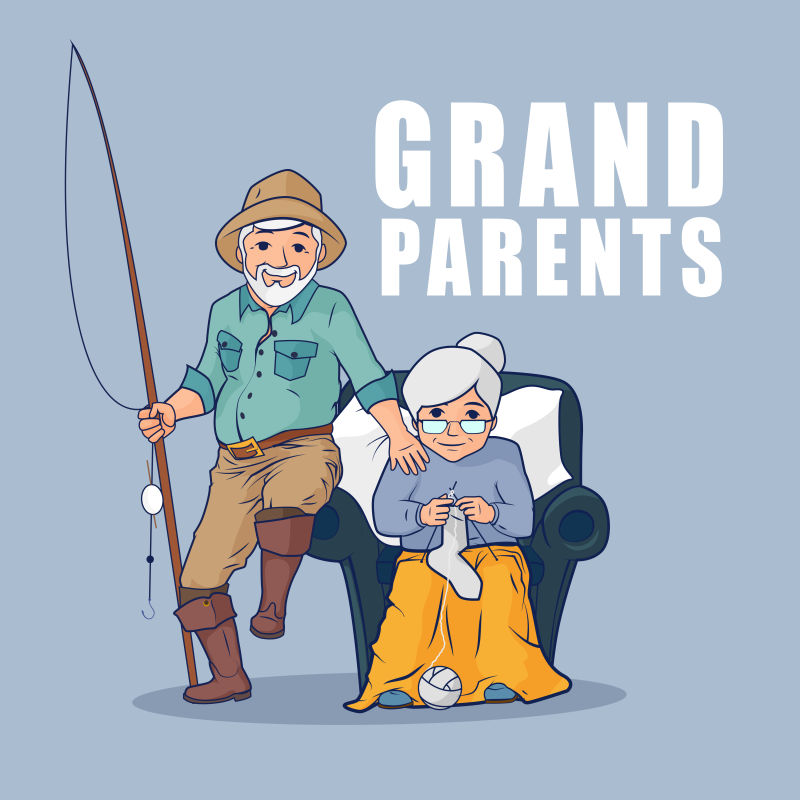 奶奶坐在扶手椅上编织袜子和拿着鱼竿的爷爷矢量插图