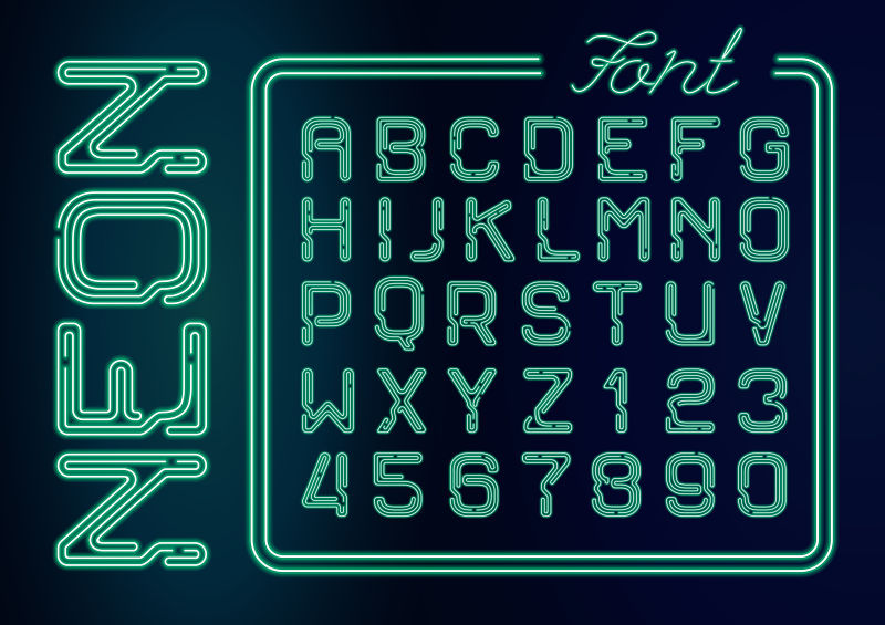 抽象矢量绿色霓虹灯管排列的字母设计