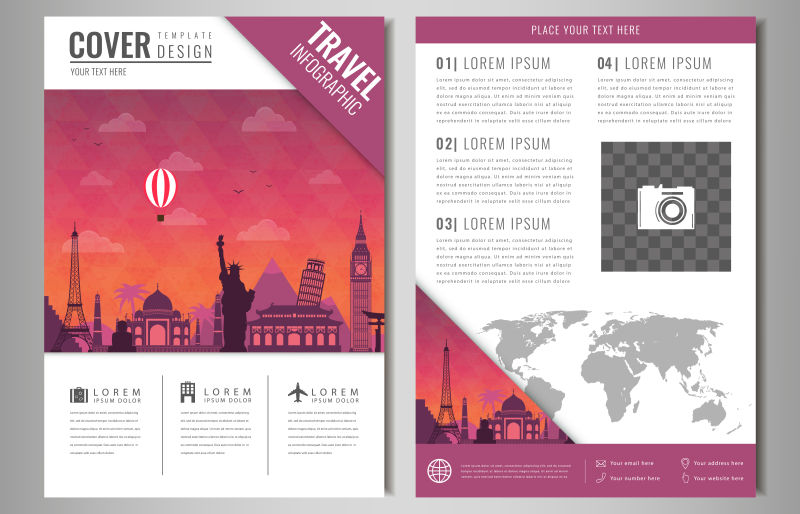 矢量旅游小册子设计与著名的地标和世界地图