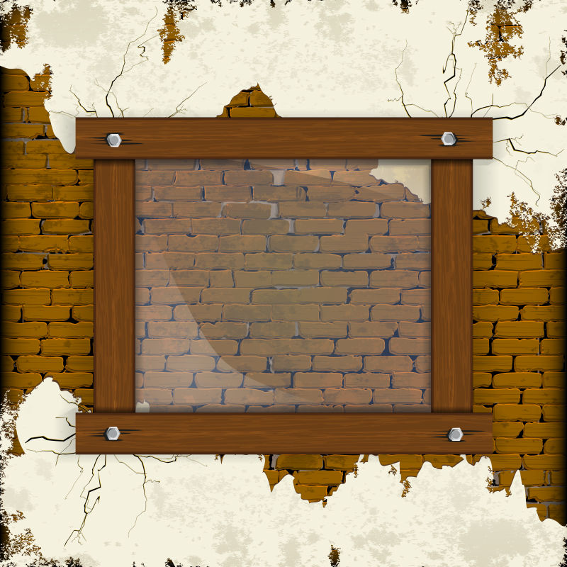 旧石膏墙木框架矢量插图