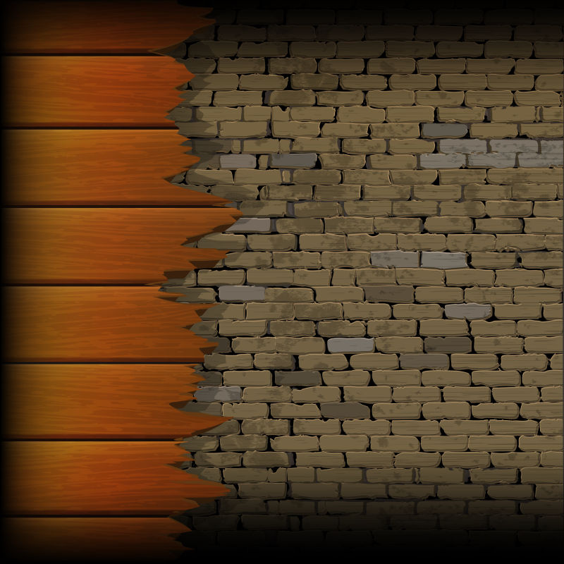 碎木板与旧砖墙矢量插图