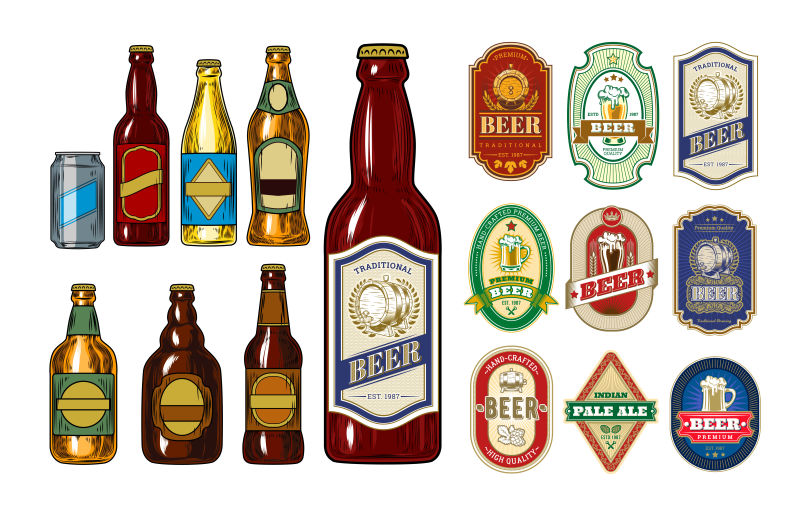 抽象矢量不同标签的啤酒瓶设计
