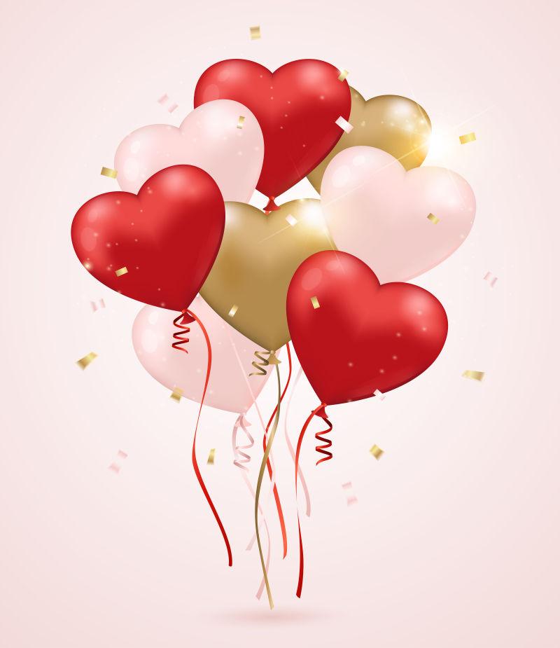 红色与粉色和金色的心形气球矢量插图