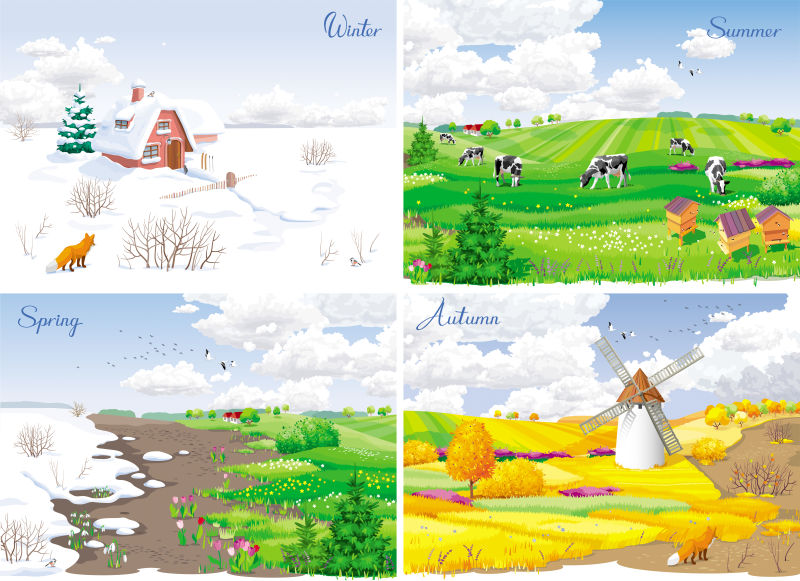 抽象矢量现代四季农场景观插图