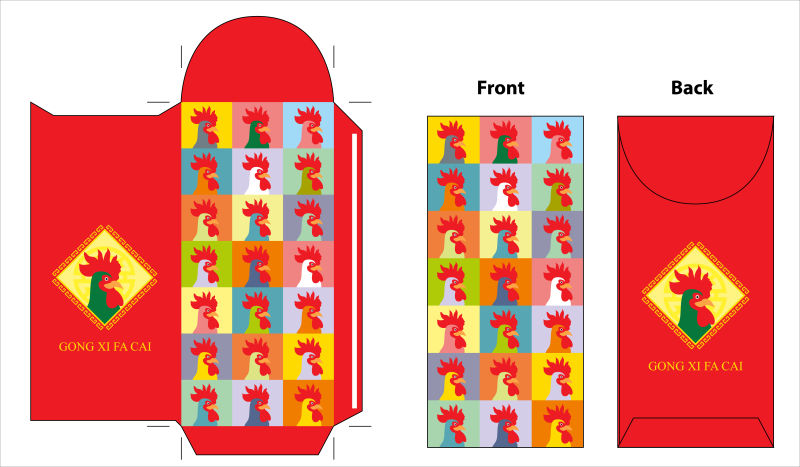 矢量波普风格的公鸡元素红包设计