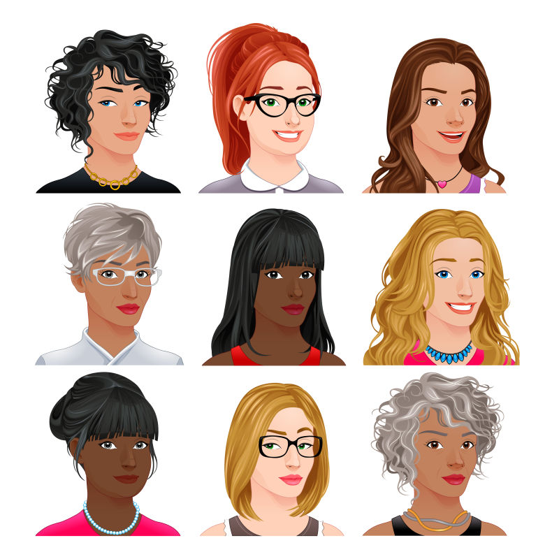 矢量不同发型的女性头像卡通插图