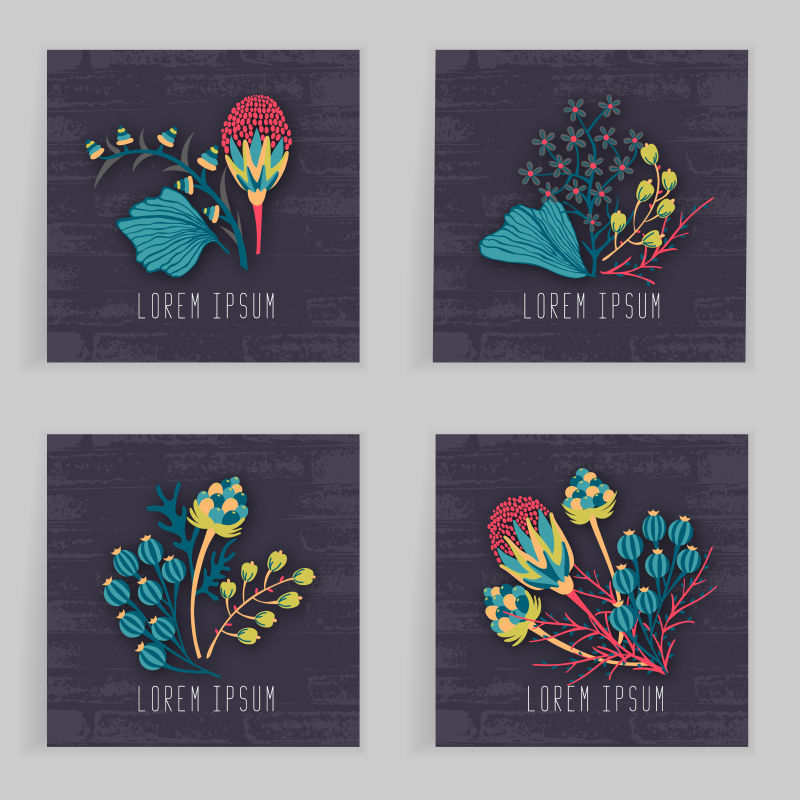 矢量四种艺术花卉卡片设计