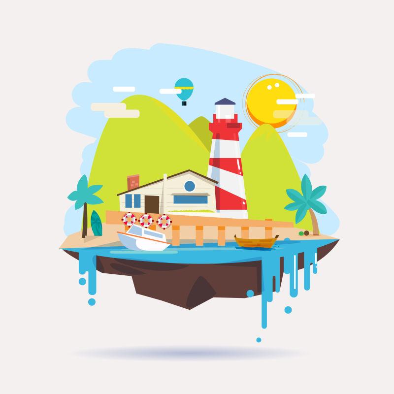 热带岛屿上的灯塔和家矢量卡通设计