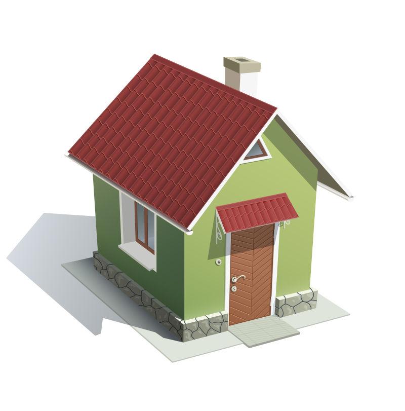 绿色房屋与红色屋顶矢量插图