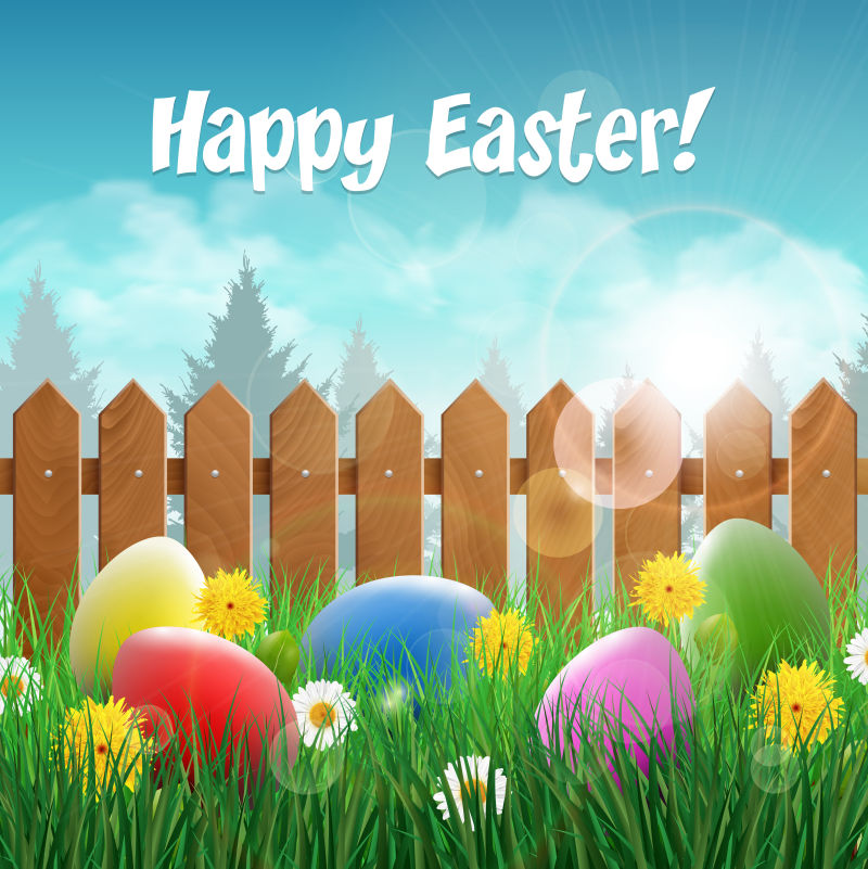草地上有花木篱笆的复活节彩蛋的矢量复活节卡片