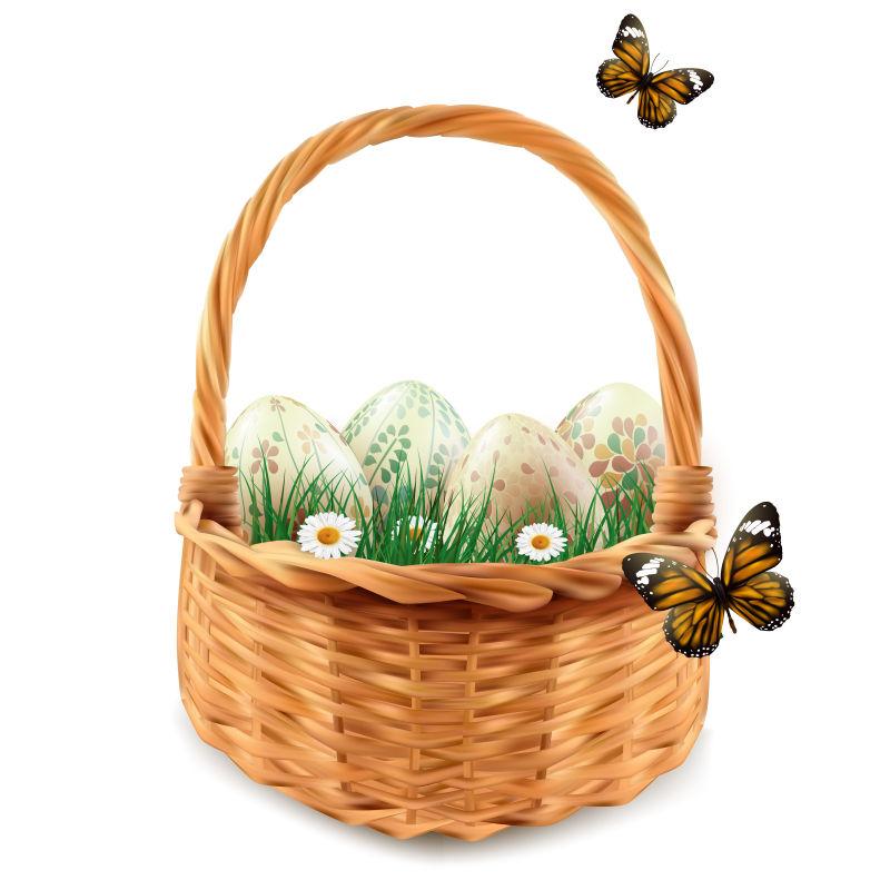 篮子里有图案的现实的复活节彩蛋矢量插图