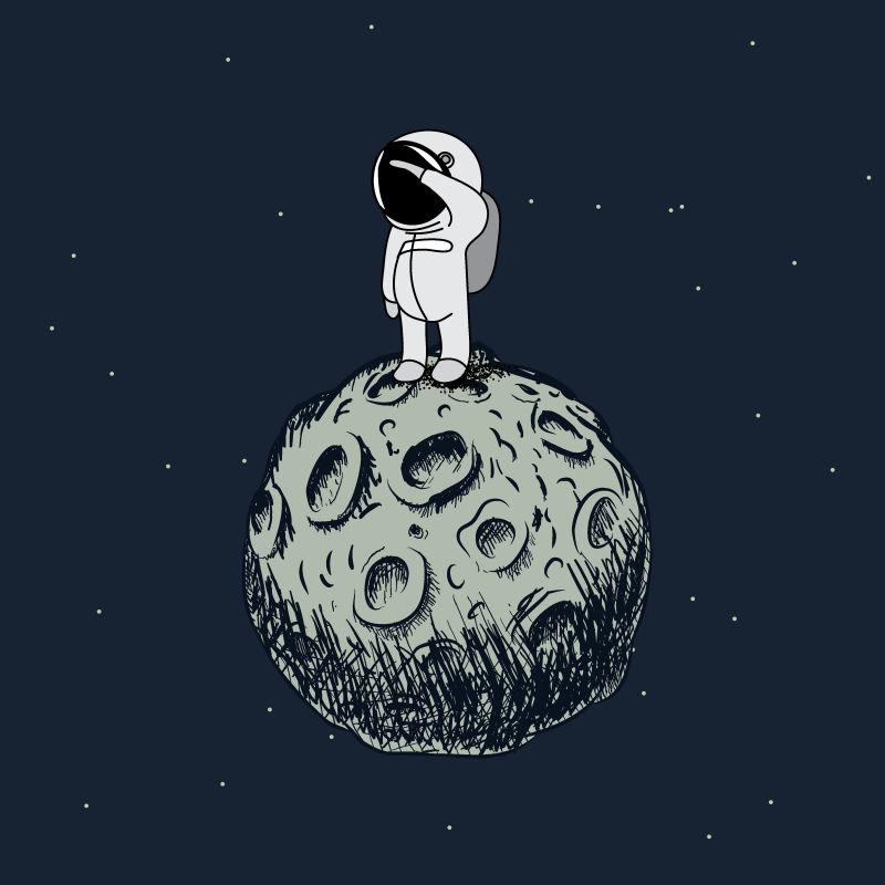 卡通宇航员站在月球上眺望矢量