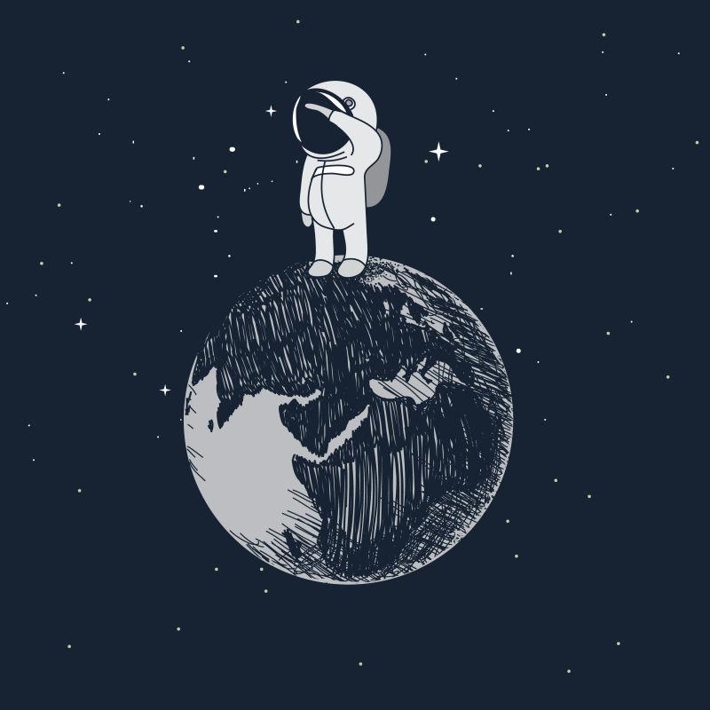 卡通小宇航员站在地球矢量