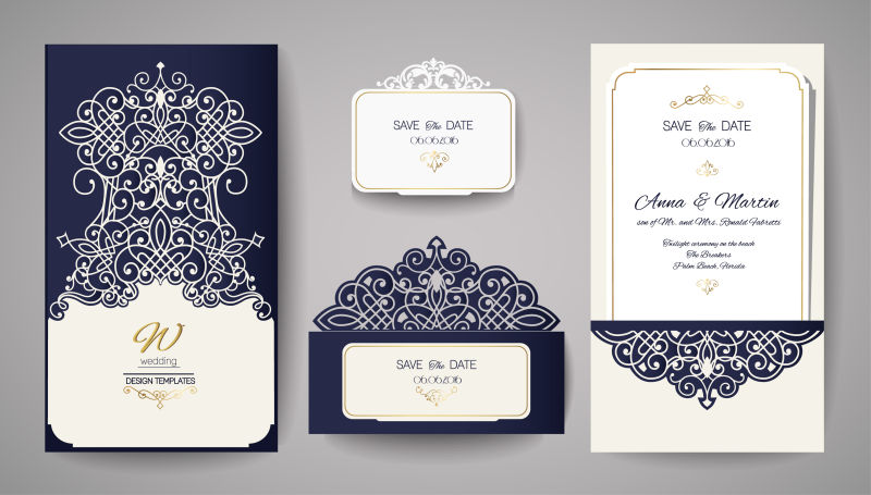 深蓝色花纹图案婚礼邀请卡矢量设计