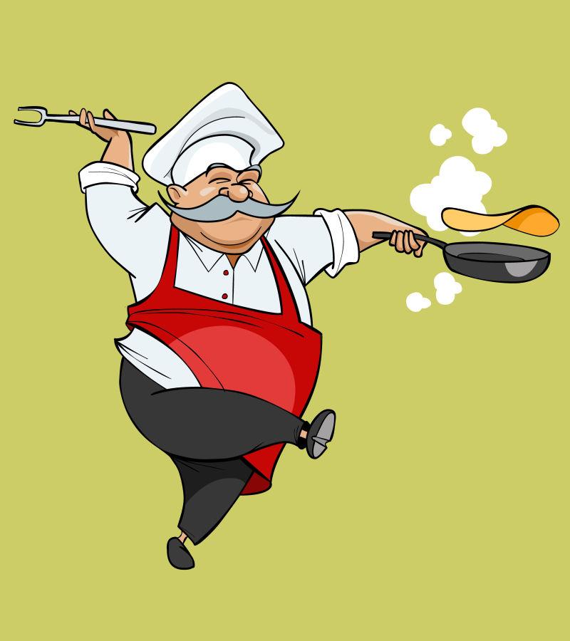 卡通胡子厨师用油炸锅跳跳矢量