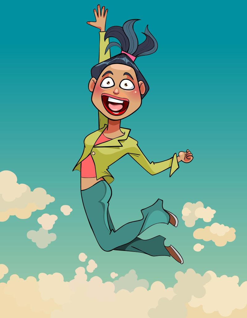 卡通女人在天空的背景下快乐地跳跃矢量