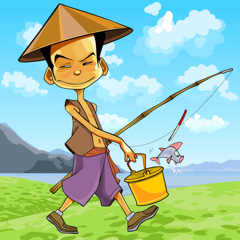 创意矢量卡通带着鱼竿帽子的越南人插图