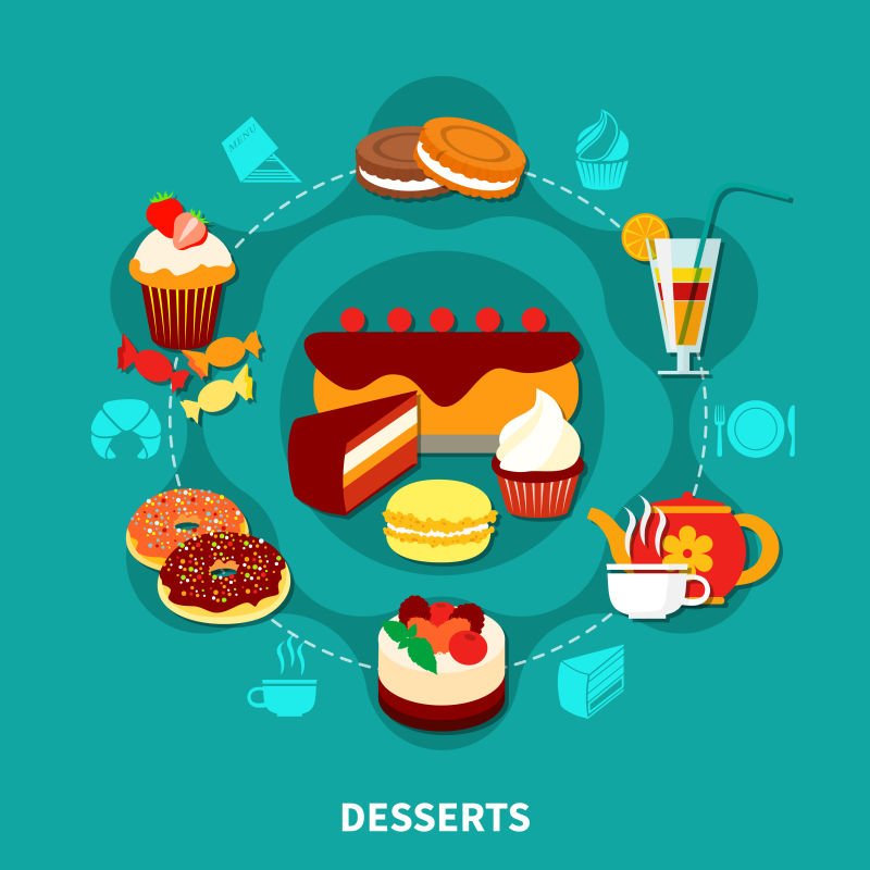 抽象矢量甜品糕点的平面插图