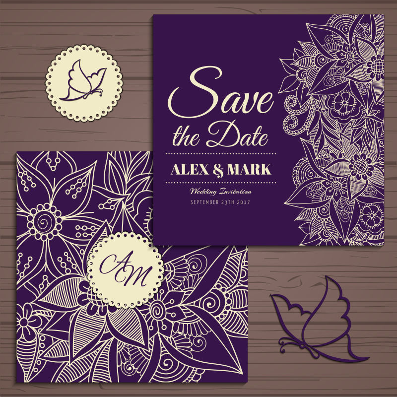 紫色花纹方形婚礼邀请卡矢量设计