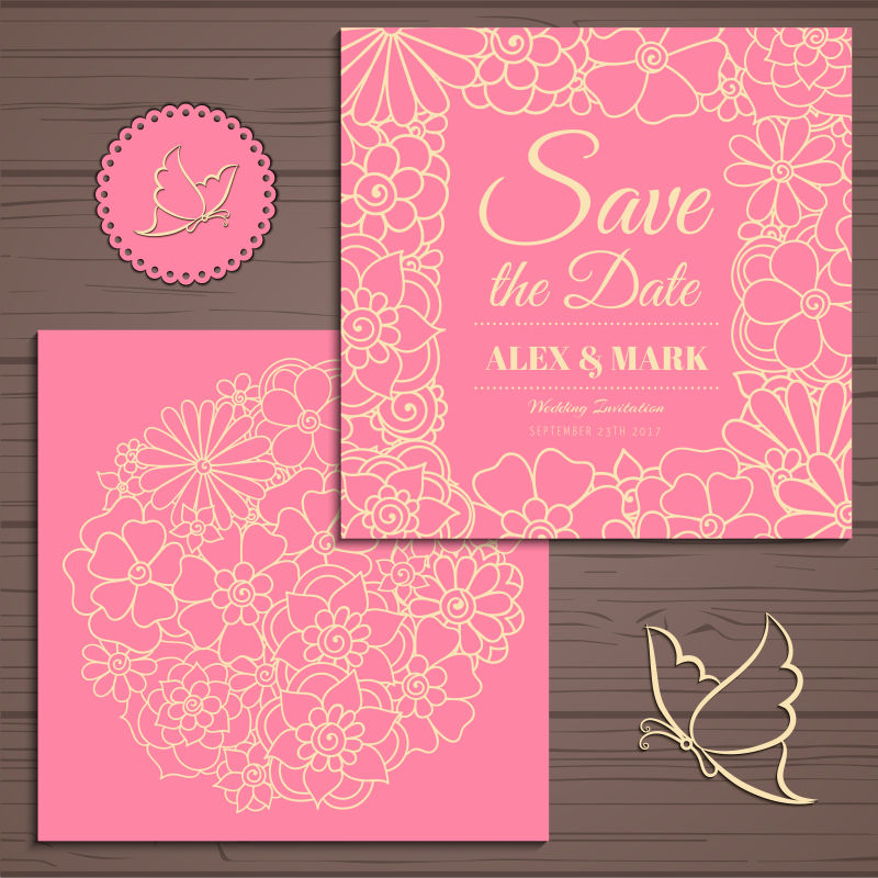 粉色涂鸦图案婚礼邀请卡矢量设计