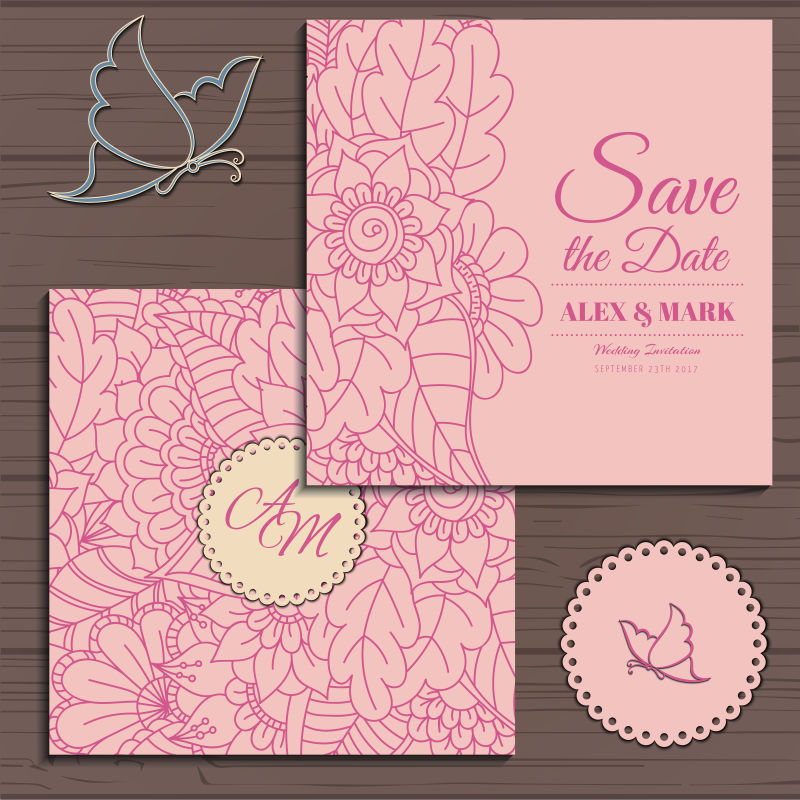 粉色花纹的方形婚礼邀请卡矢量设计