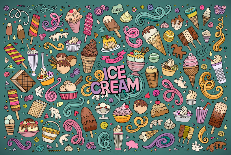 彩色矢量手绘涂鸦漫画集冰淇淋对象和符号