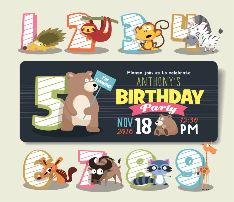 矢量生日周年纪念数字与滑稽的动物角色