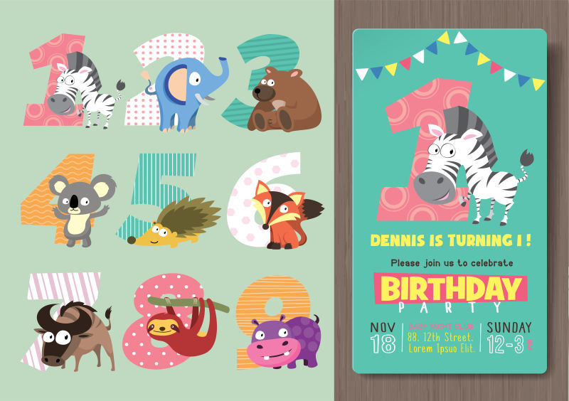 矢量带数字和滑稽动物角色的生日派对邀请片