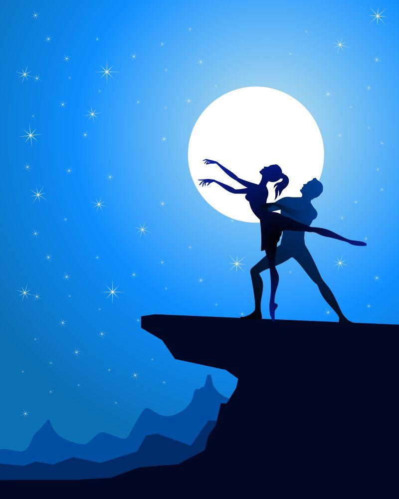 月光下演绎芭蕾舞的舞者夫妇矢量插图