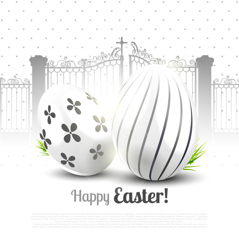 草地上的白色复活节彩蛋矢量插图
