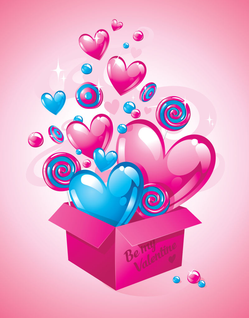 粉色背景下的心盒子和糖果矢量