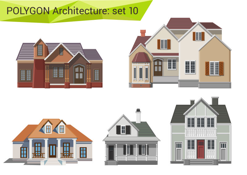 多边形风格的房屋和建筑物集合矢量