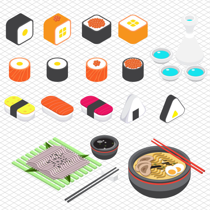 日本食品概念等距3D图形矢量设计