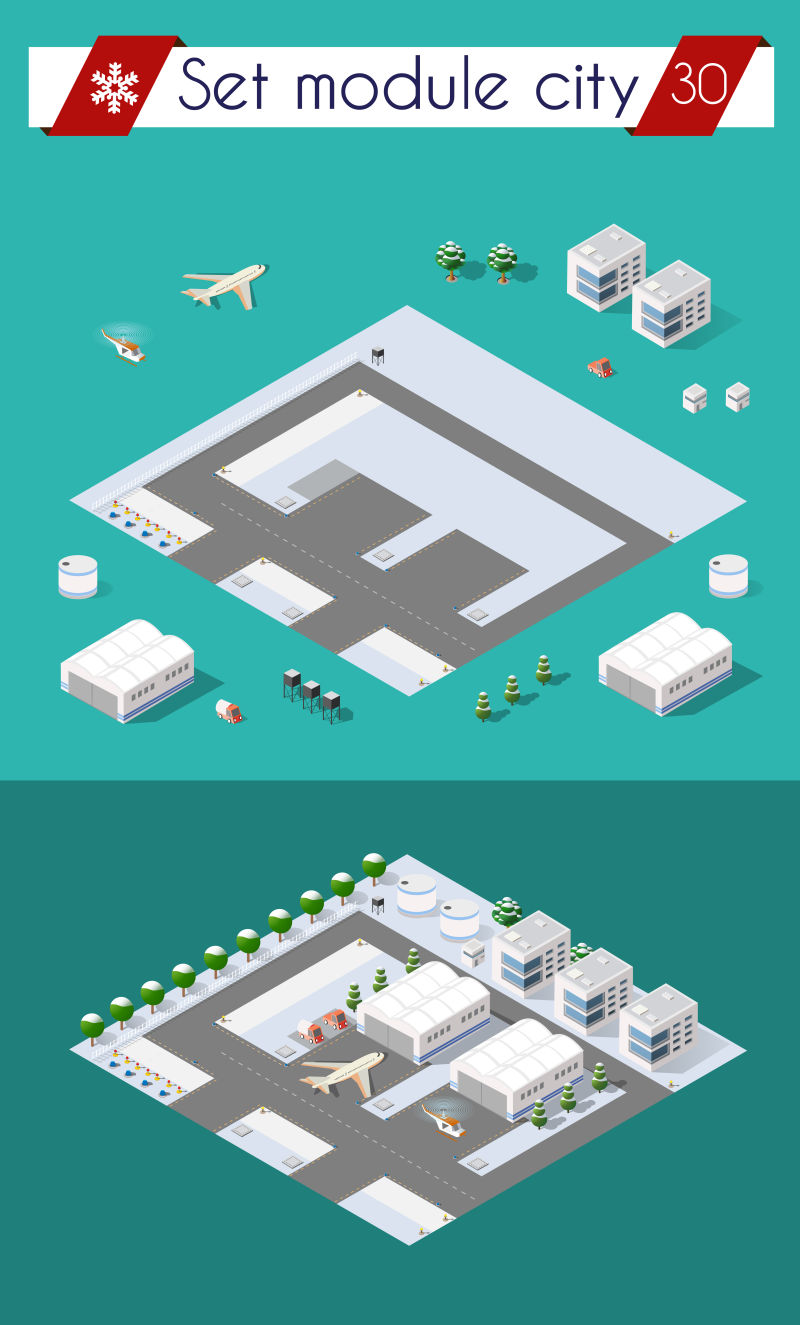 矢量三维城市机场与运输飞机和跑道