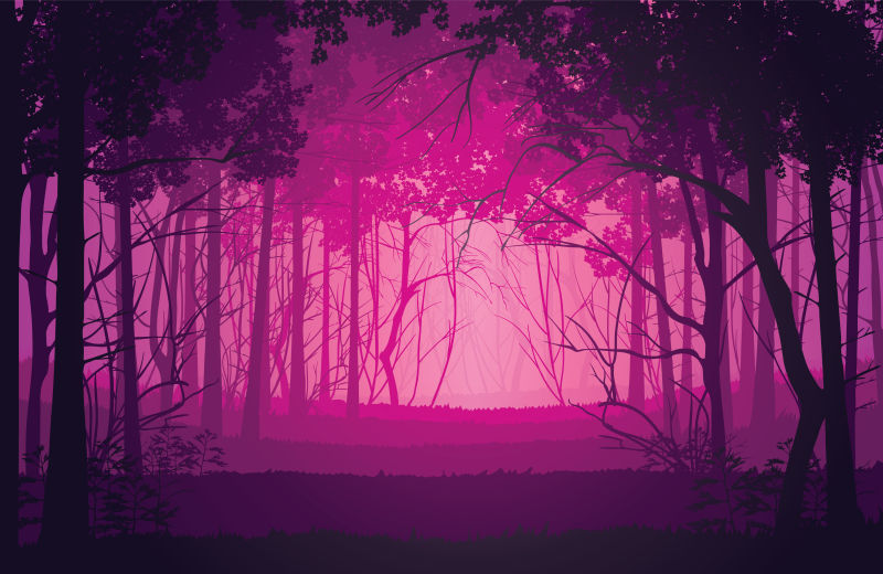 矢量抽象粉色迷雾中的森林景观插图